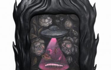 "UFO stealing the maggot " 47х30см, acrylic on canvas, rubber, 2023