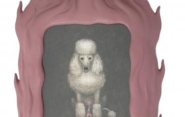 "Spiteful poodle" 47х30см, acrylic on canvas, rubber, 2023